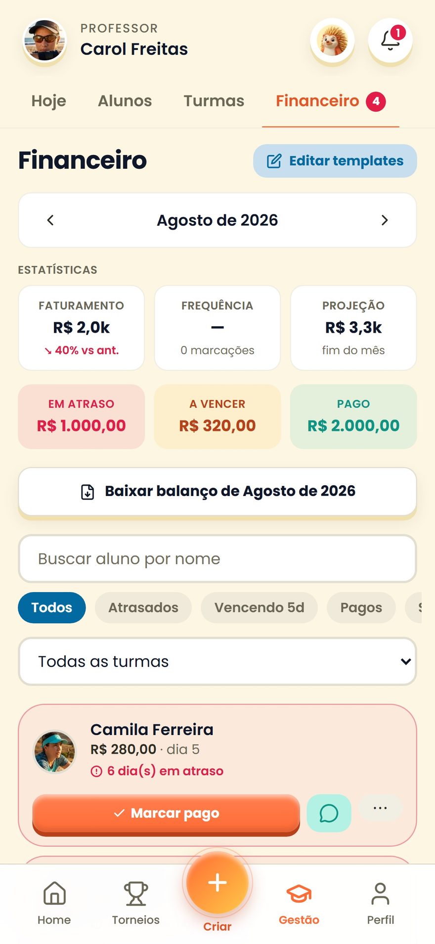 Financeiro do professor no SpinBT mostrando valores em atraso, a vencer e pagos
