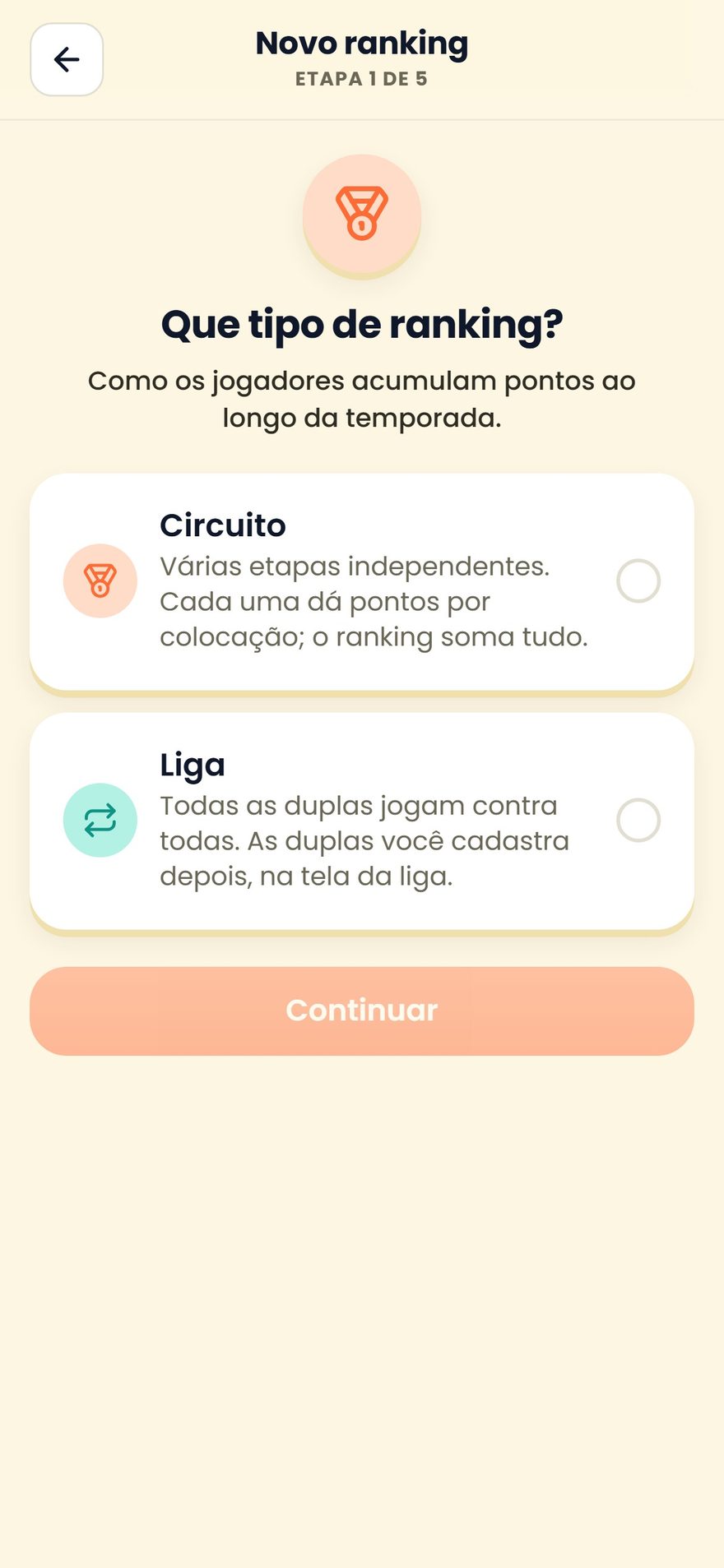 Tela de criação de ranking no SpinBT, com a escolha entre liga e circuito