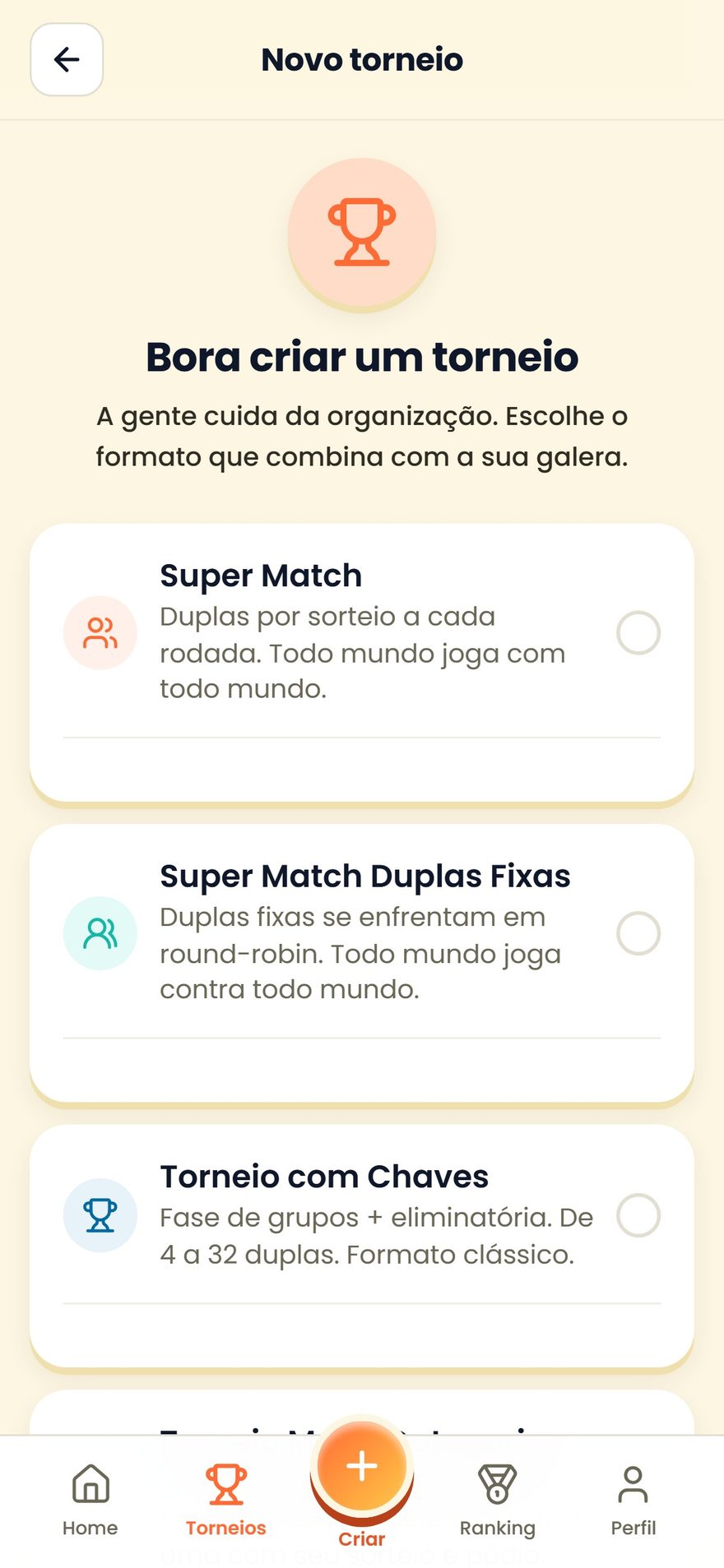 Tela de criação de torneio do SpinBT com os modelos disponíveis