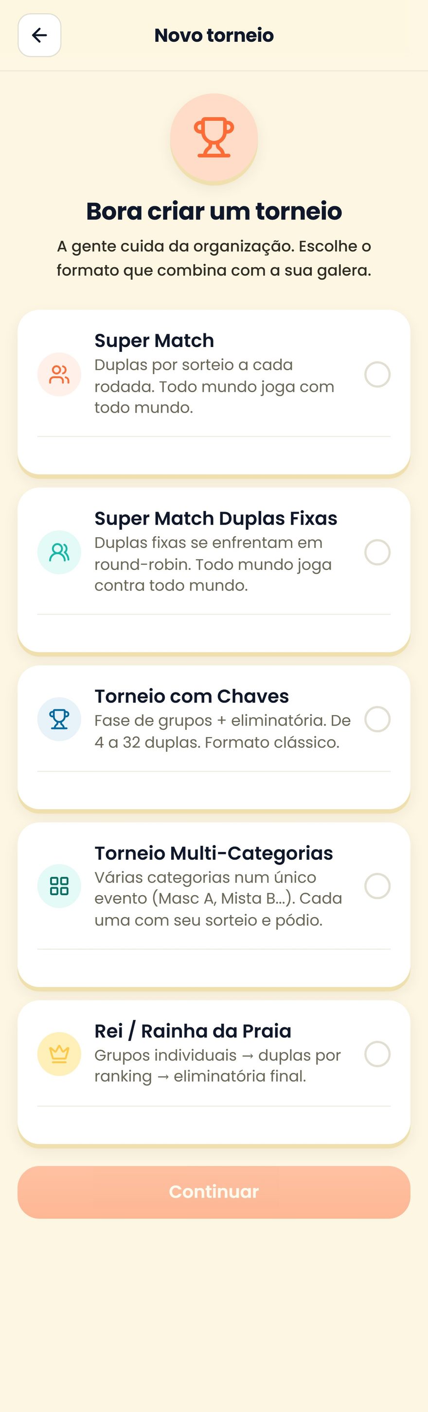 Lista de formatos de torneio na tela de criação do SpinBT
