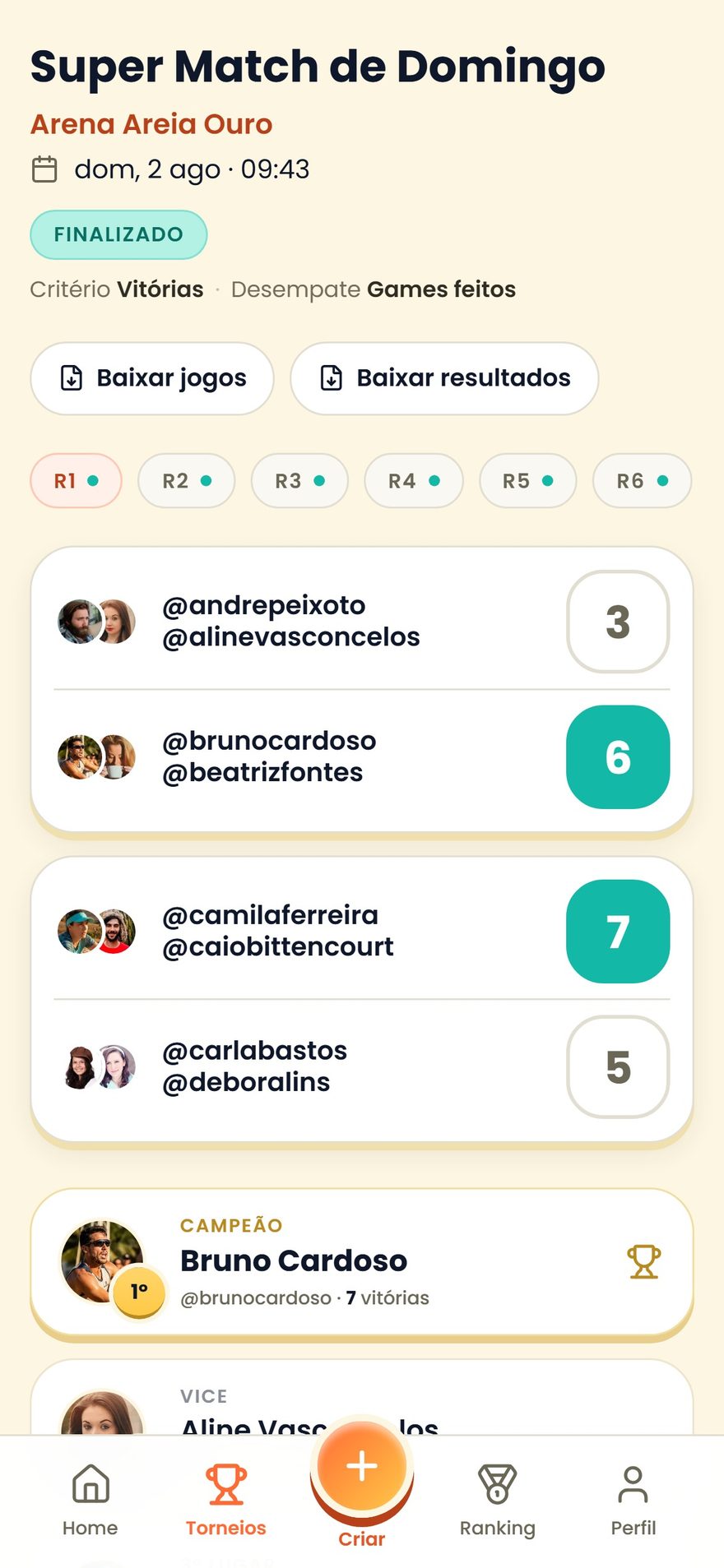 Super Match de 8 jogadores finalizado no SpinBT: as 7 rodadas com placar lançado e o campeão com 7 vitórias