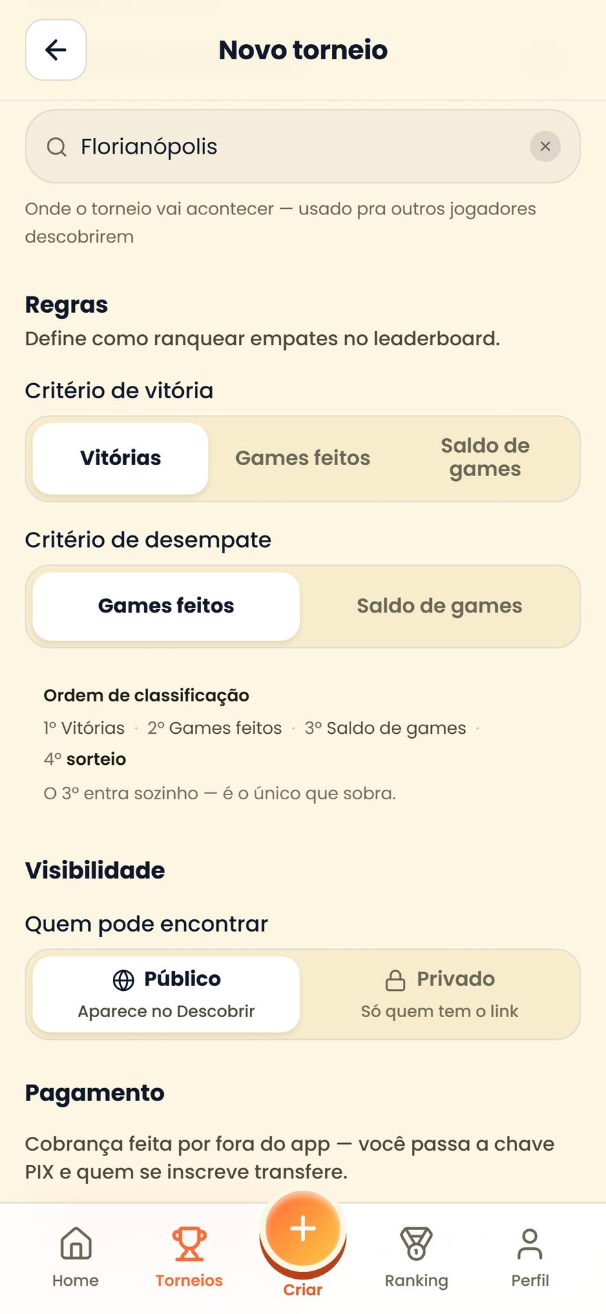 Criação do Super Match no SpinBT: critério de vitória e desempate definidos antes de começar, com a ordem de classificação explícita