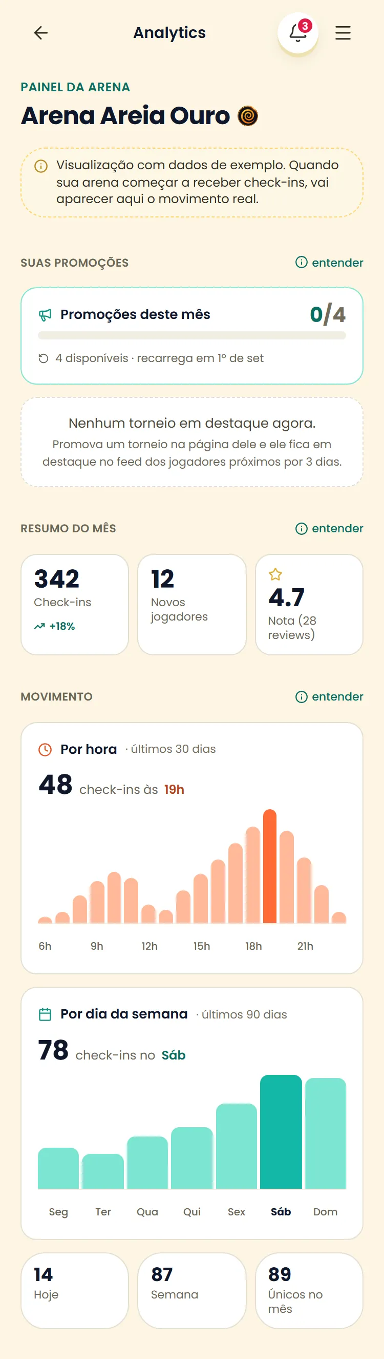 Print do Analytics da arena: promoções do mês, resumo de check-ins, gráficos de movimento por hora e por dia da semana