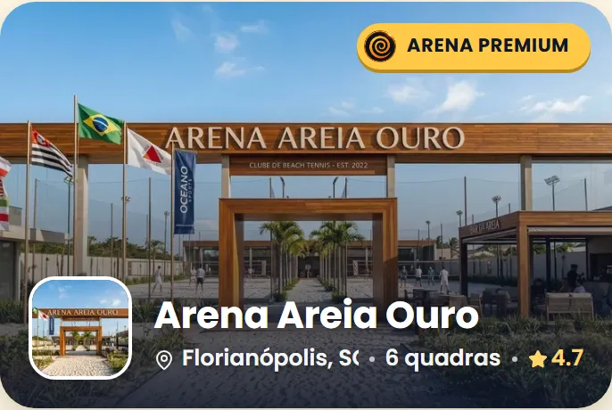 Print da lista de arenas: a arena Premium aparece como um cartão grande com foto da entrada, selo Arena Premium e nota