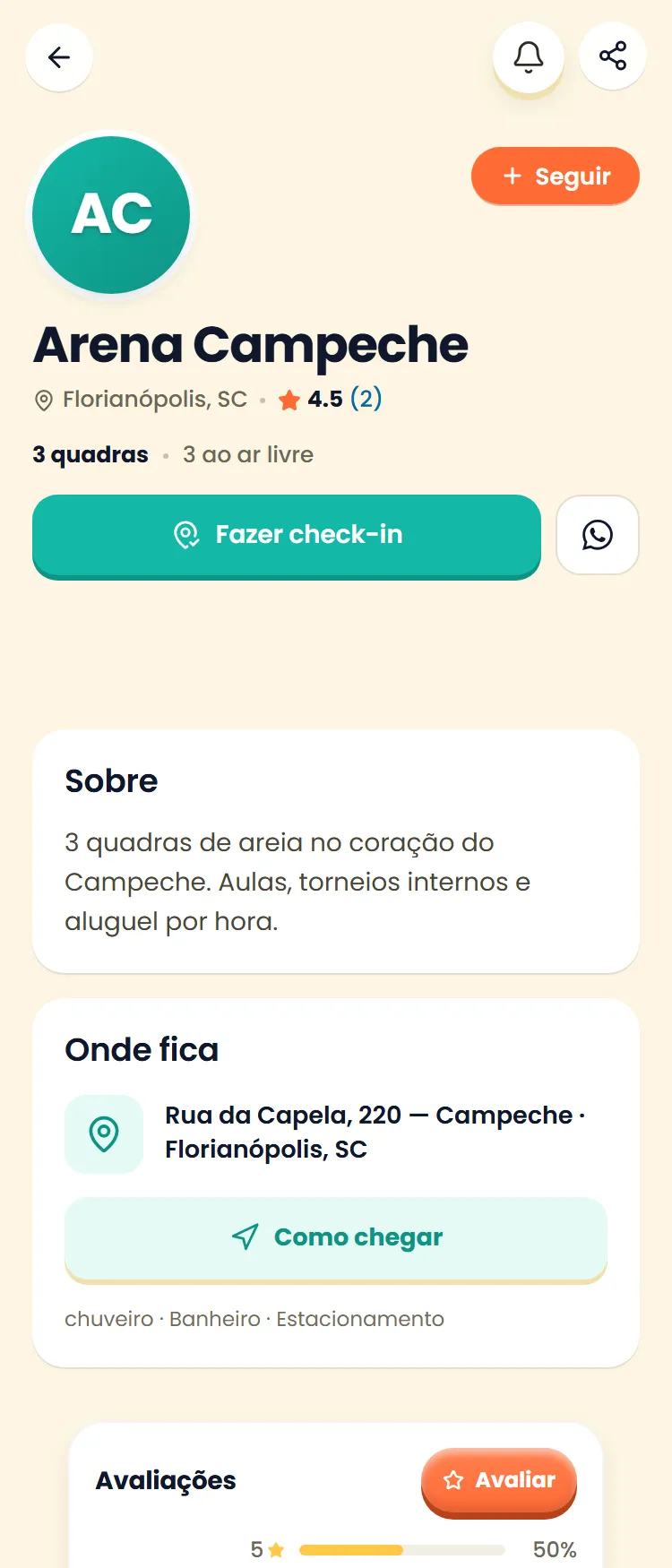 Print do perfil público de uma arena free: avatar com iniciais, descrição e endereço, sem banner nem fotos
