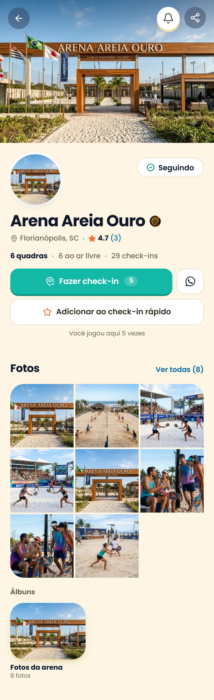Print do perfil público de uma arena Premium: banner com a fachada, grade de fotos e álbuns