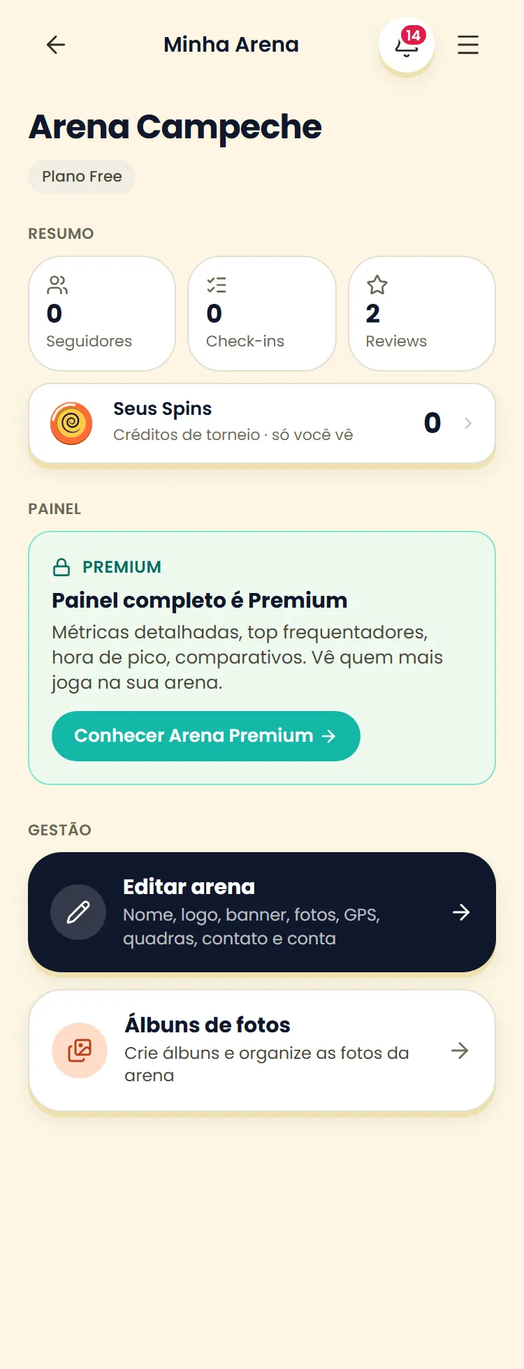 Print da tela Minha Arena de uma conta free: card Painel completo é Premium com o recurso bloqueado