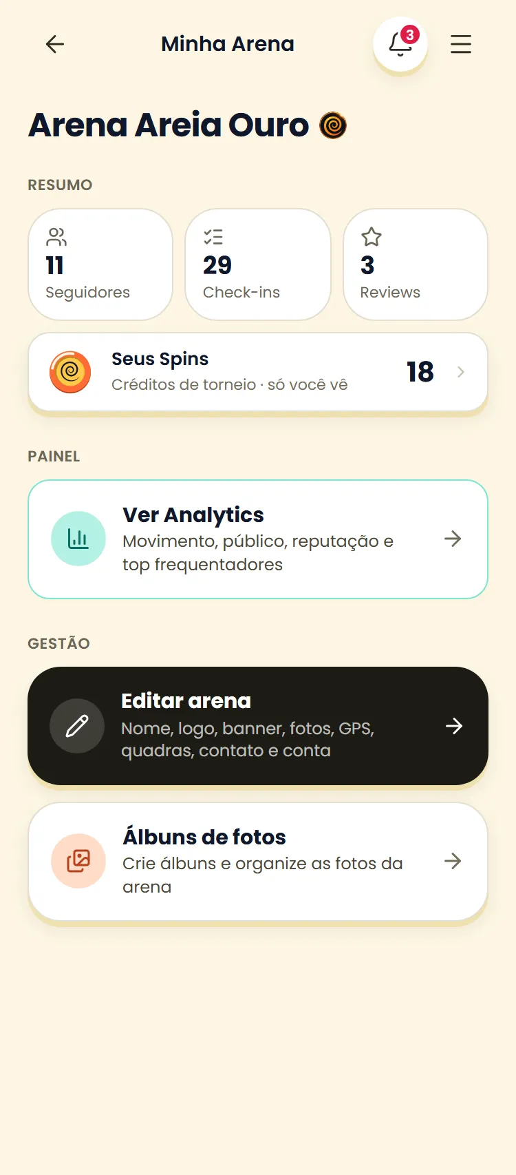 Print da tela Minha Arena de uma conta Premium: card Ver Analytics liberado
